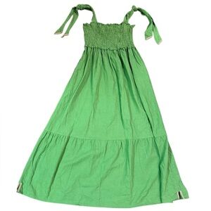 Caryn Lawn Tie Strap Linen Blend GreenMaxi Dress With Pink Detail One Size